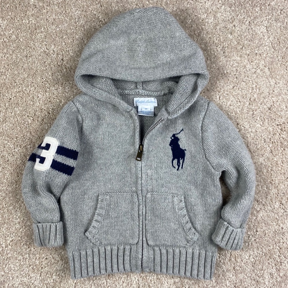 Ralph Lauren Baby Boy 9M Gray Big Pony Full Zip Cotton Knit Hoodie Sweater